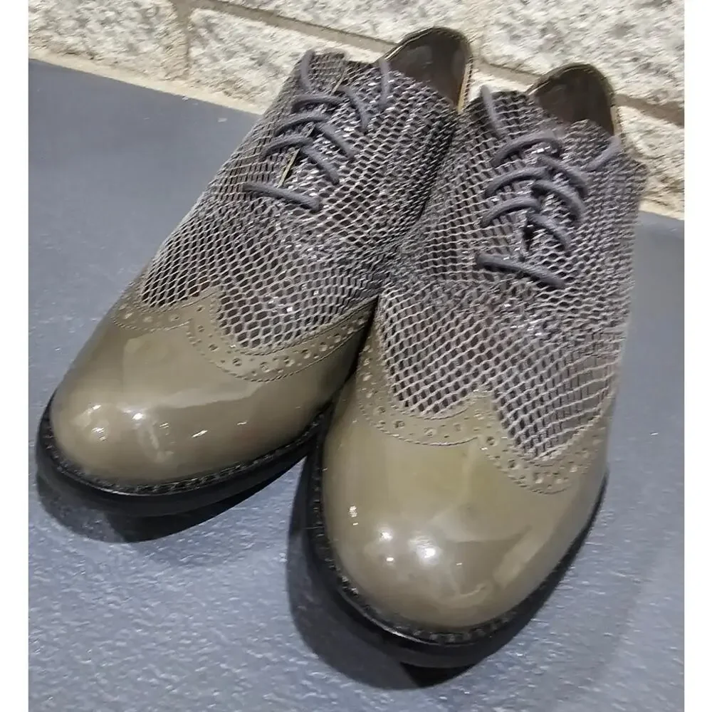 Cole Haan Snake Skin Oxfords, Patent leather, Olive green, Women’s Sz 8